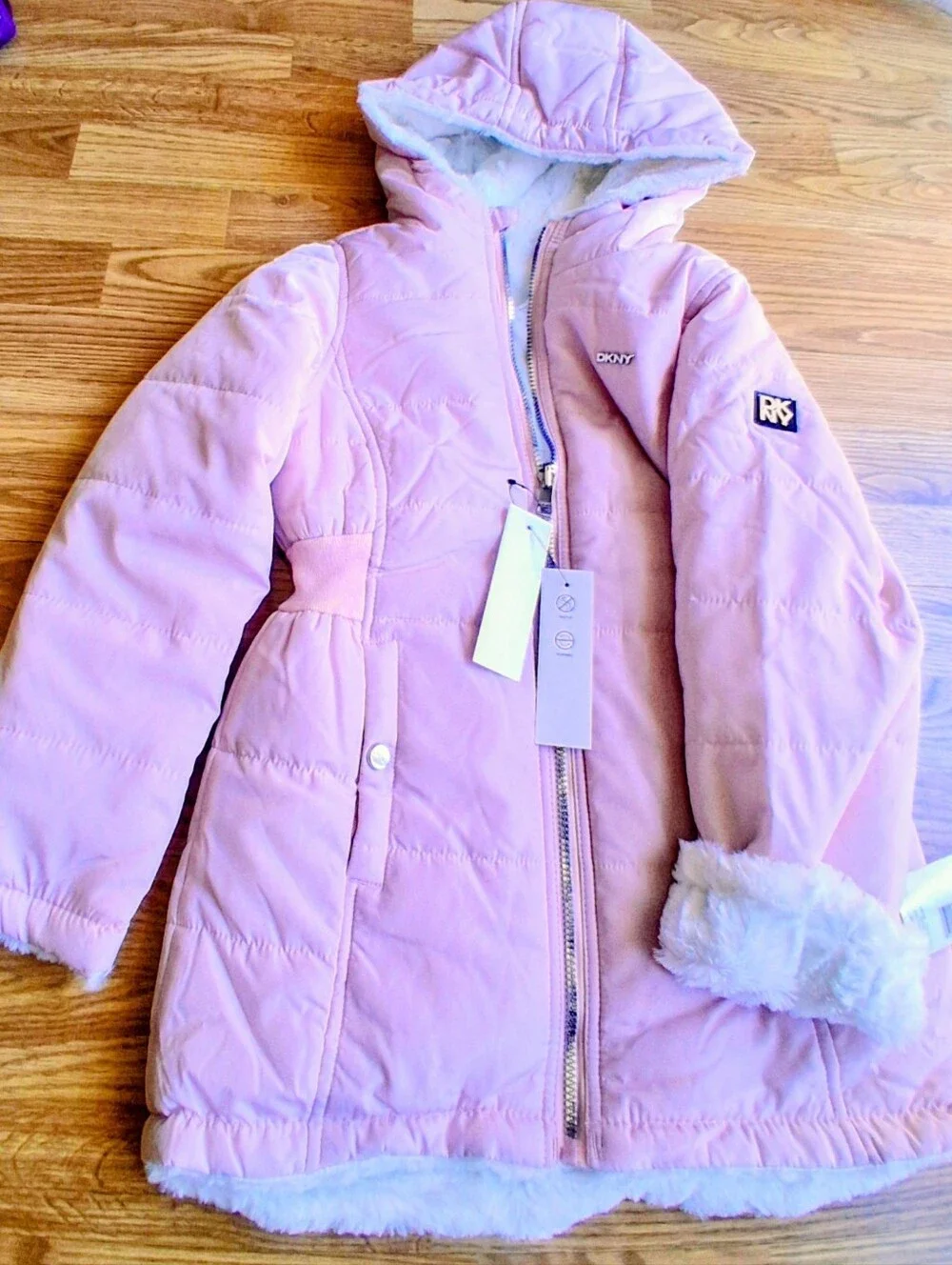 NWT DKNY girls REVERSIBLE COAT, Pale Pink/white Fuzzy Faux Fur, Sz 6X  MSRP $130